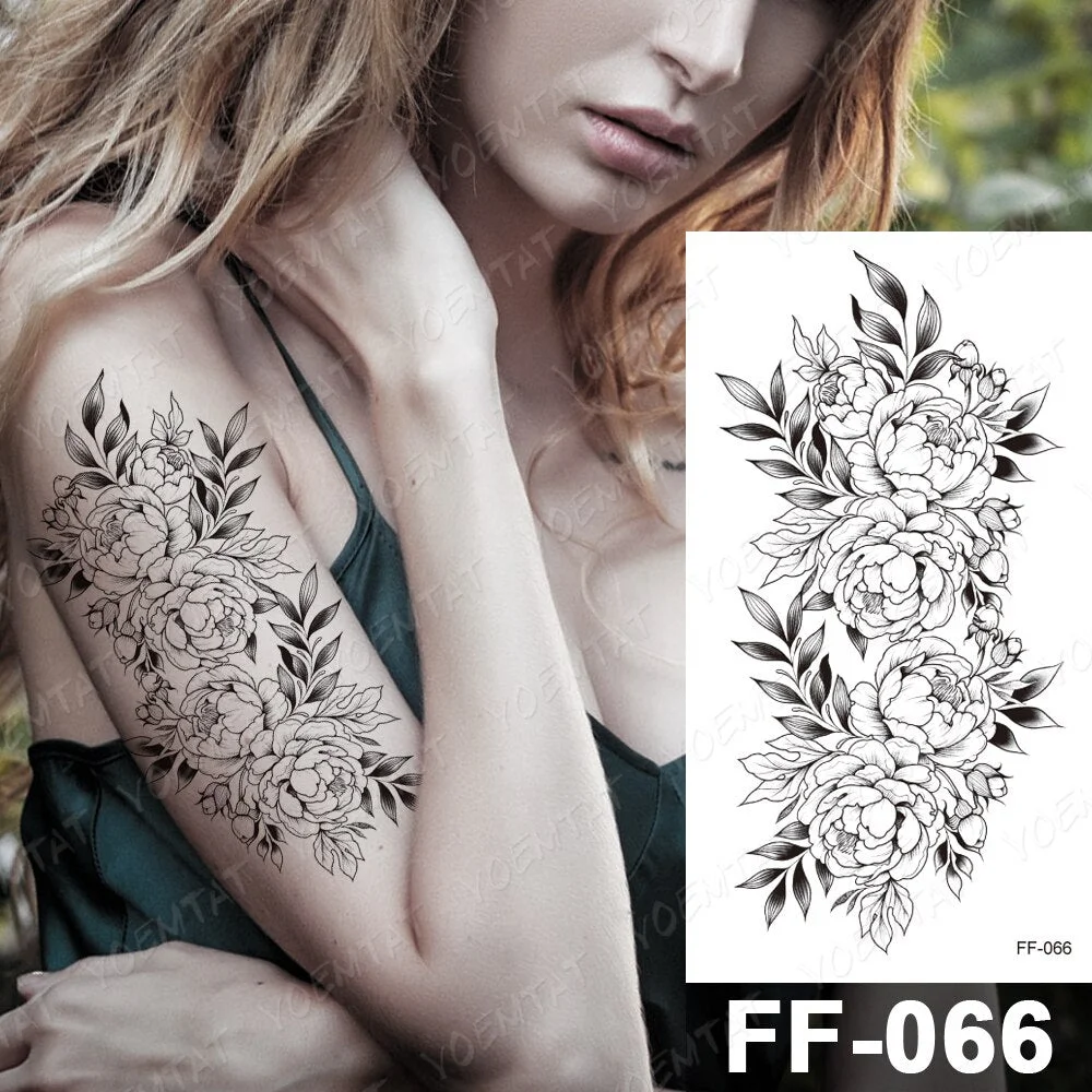 Waterproof Temporary Tattoo Stickers Peony Rose Flower Gun Flash Tattoos Female Black Sketch Body Art Arm Sexy Fake Tatto Male