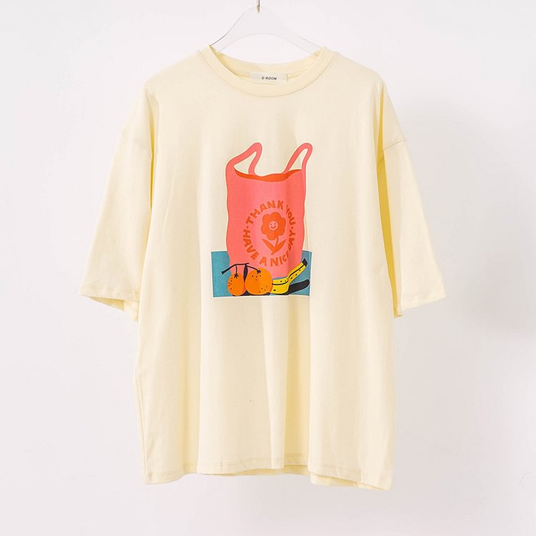 Letter Fruits Print Casual T-Shirt - Modakawa modakawa
