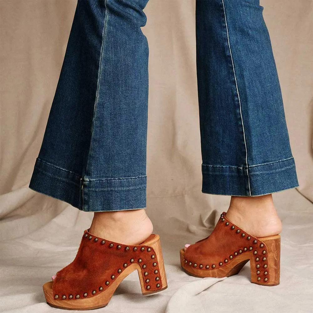 Tan Vegan Suede Studded Wide Strap Platform Women's Heel Sandals