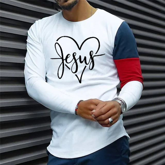 Color Matching Faith Love Jesus Print Long Sleeve T Shirt
