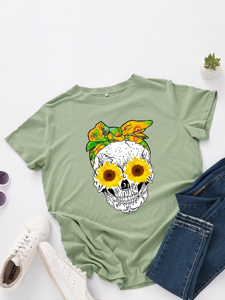Skull Flower Print Short Sleeve O neck Loose T Shirt For Women P1832882
