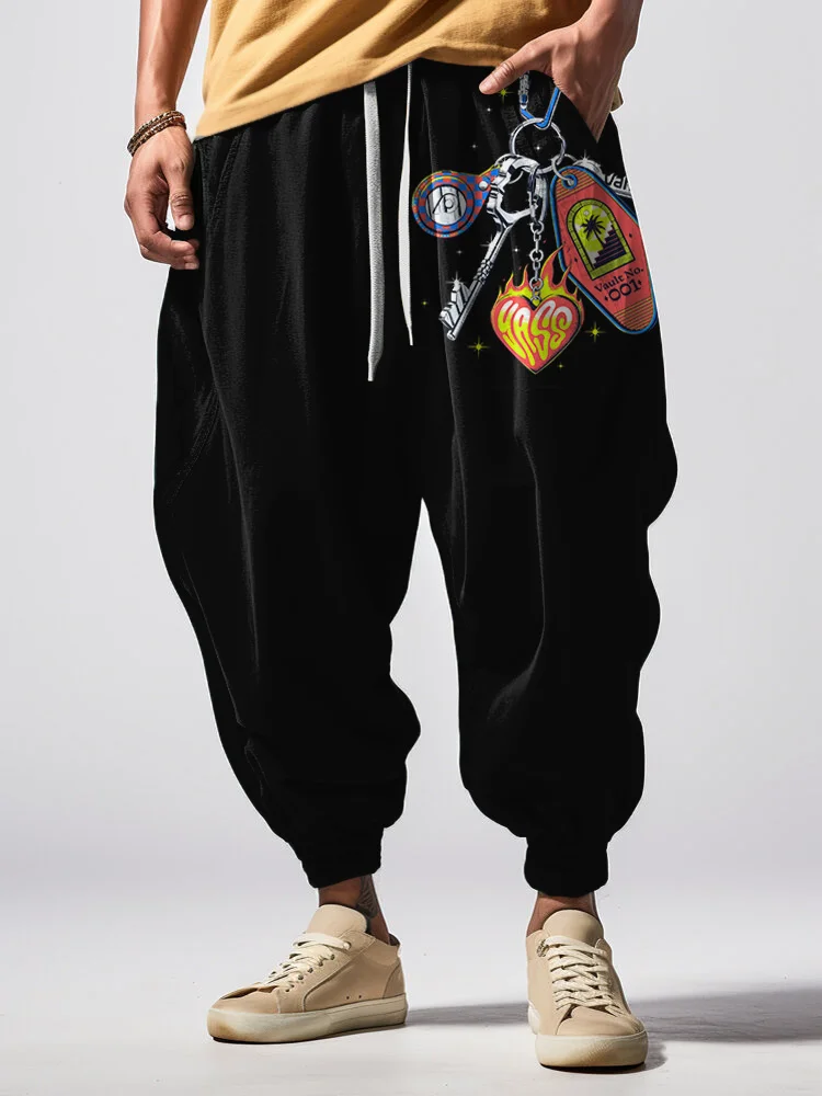 Men's Hip Hop Style Key Keyring Print Loose Drawstring Waist Sweatpants