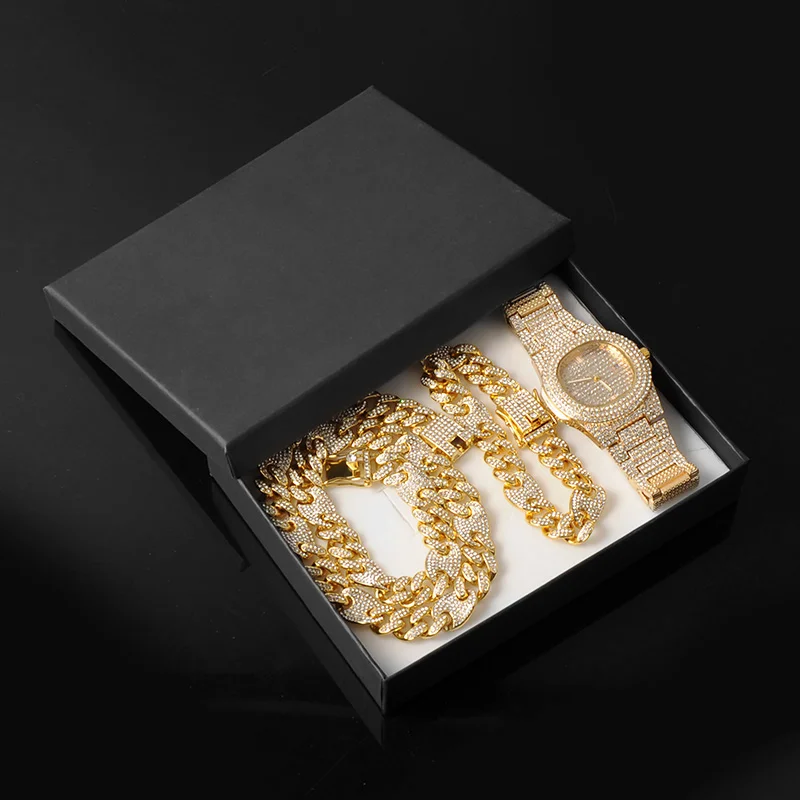 13MM 3pcs Hip Hop Watch+Bracelet+Coffee Bean Cuban Link Chain Iced Out Jewelry Set-VESSFUL