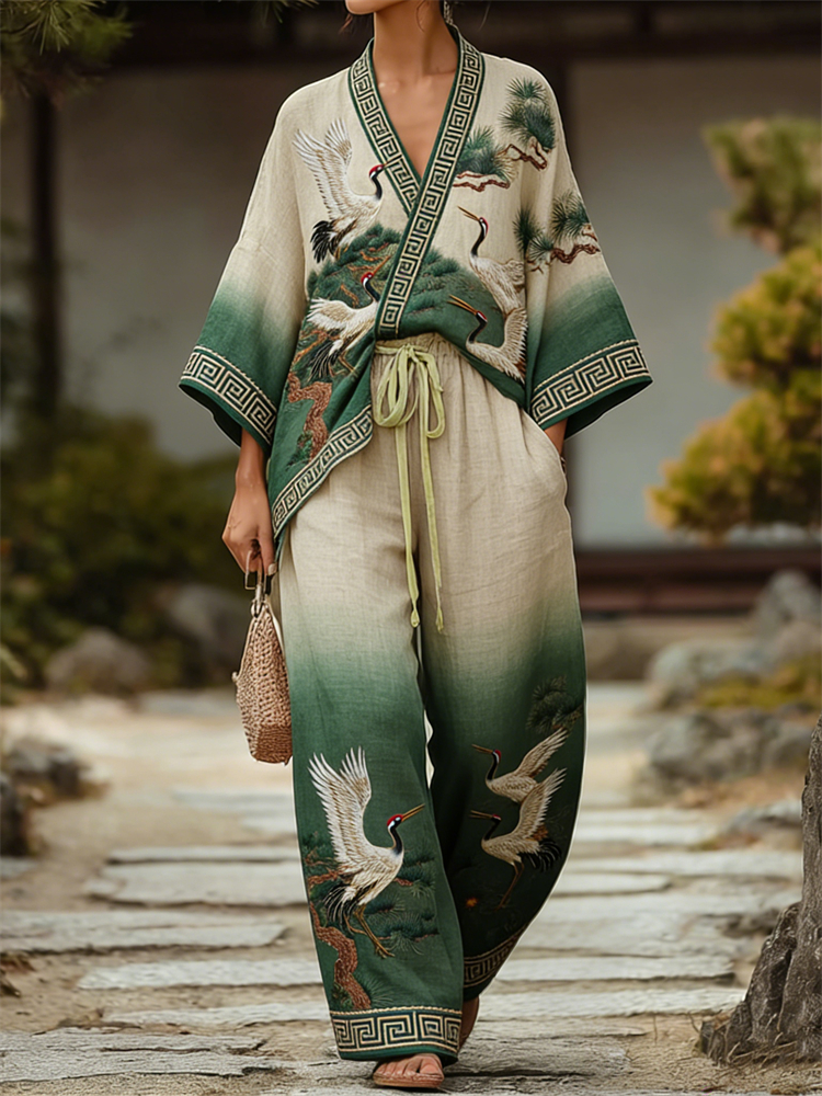 Japanese Cranes & Pine Trees Gradient Kimono & Pants Linen Set wearshes
