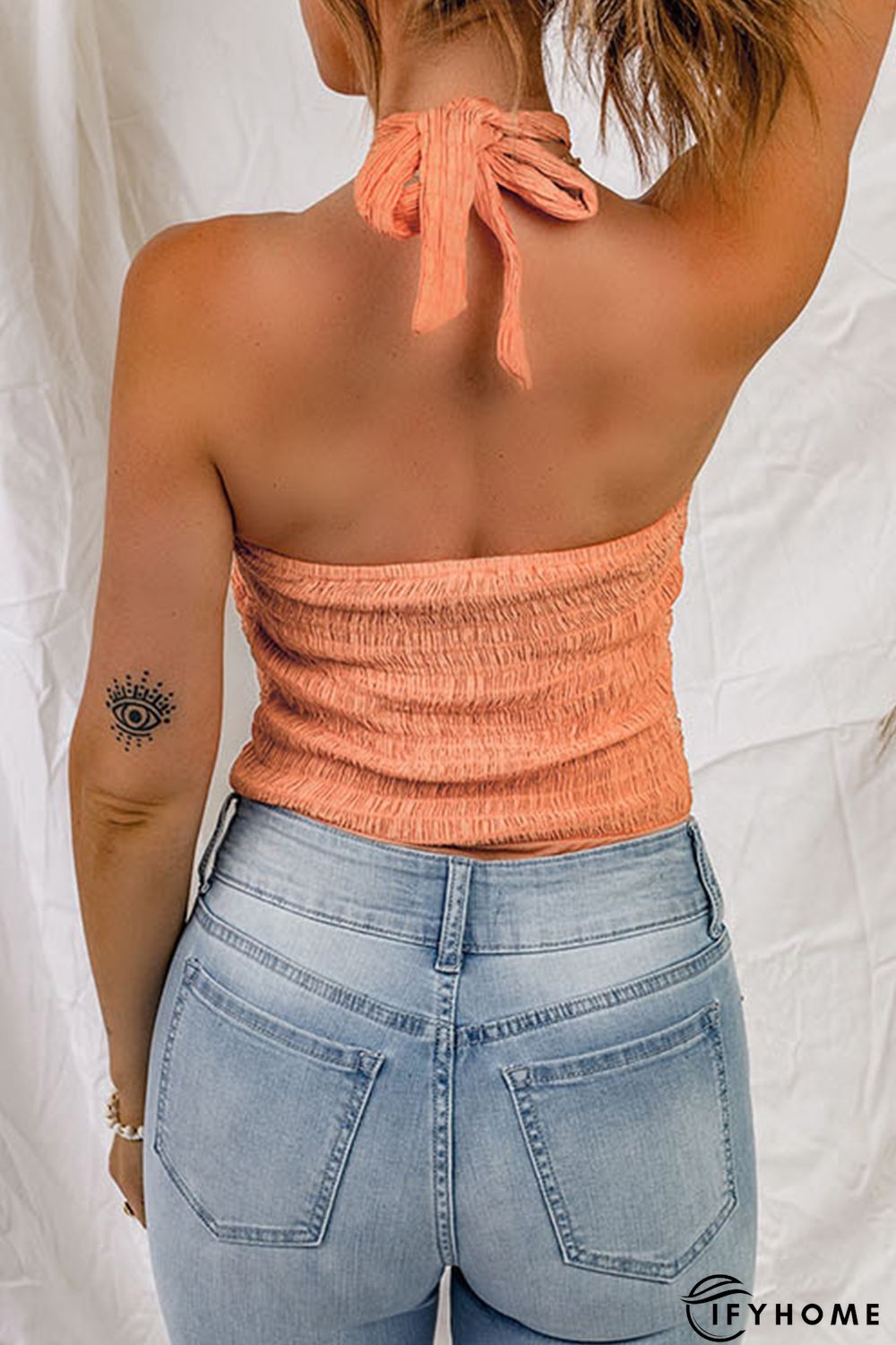 Orange Shirred Open Back Halter Tank Top | IFYHOME