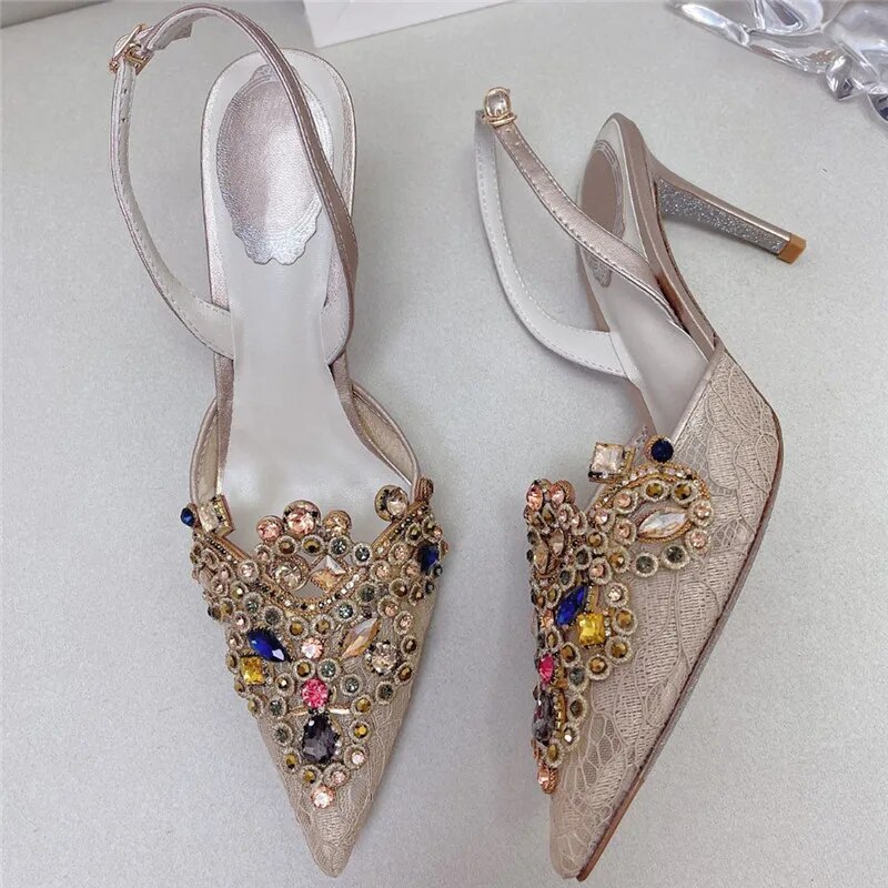 VCshoes Lace Pointy Wrap Toe Crystal Mid Heel Sandals Women Stiletto Sandals Ethnic Style Wedding Party Shoes Mujer