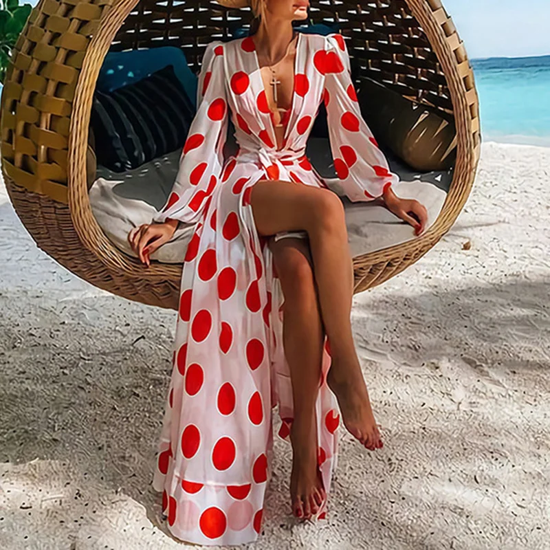 Polka-Dot Print Slit Resort Maxi Dress