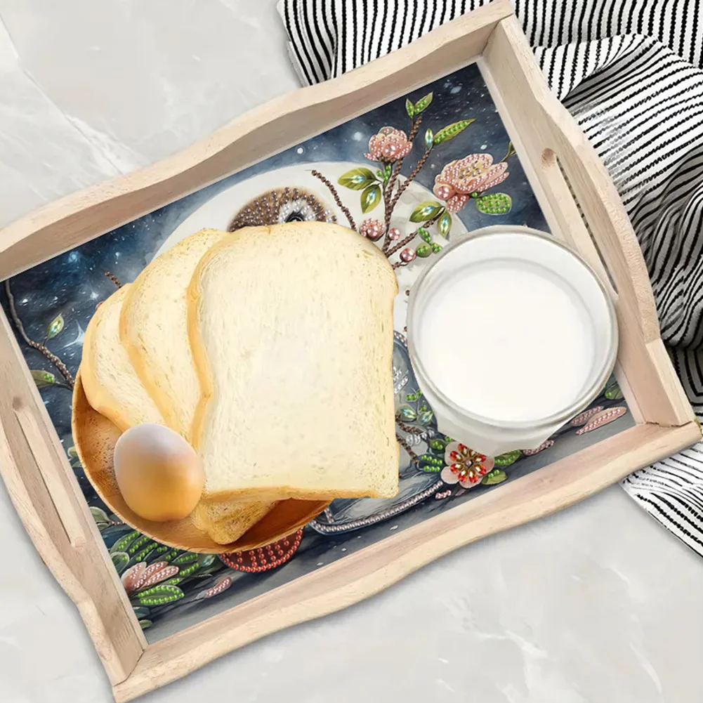 DIY Wooden Moon Vase Owl Diamond Decorative Serving Tray with Handle for Home(30*20cm)