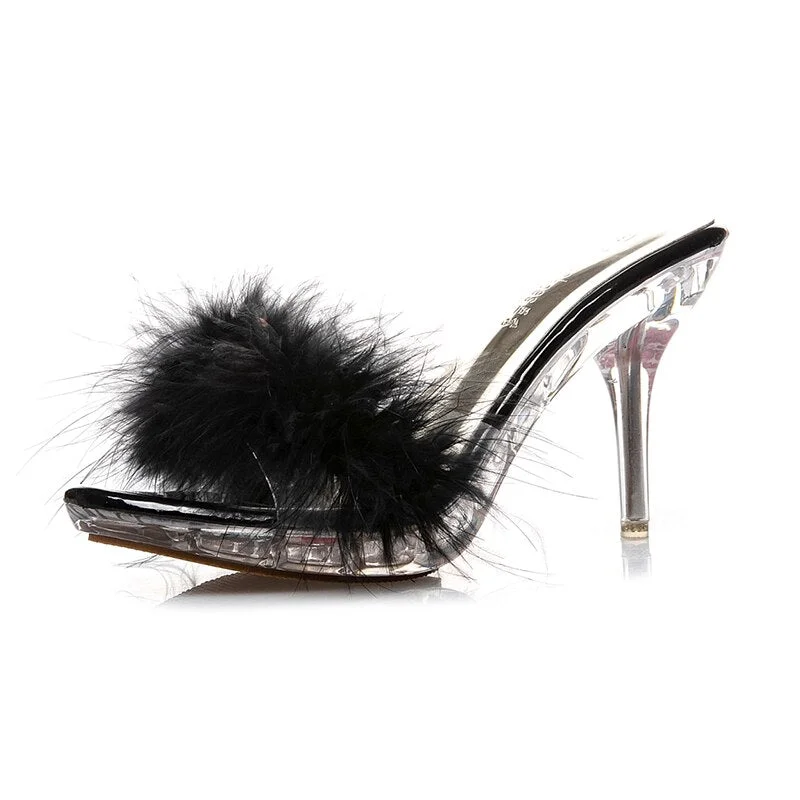 Sexy Stiletto Heels Fur Slippers For Women 2022 Summer Fashion Platform Sandals Woman Transparent Pvc Ladies Mules Shoes
