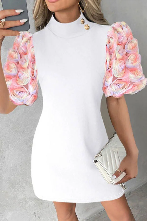 Patchwork 3D Rose Decor Puff Sleeve Luxe Mini Dress