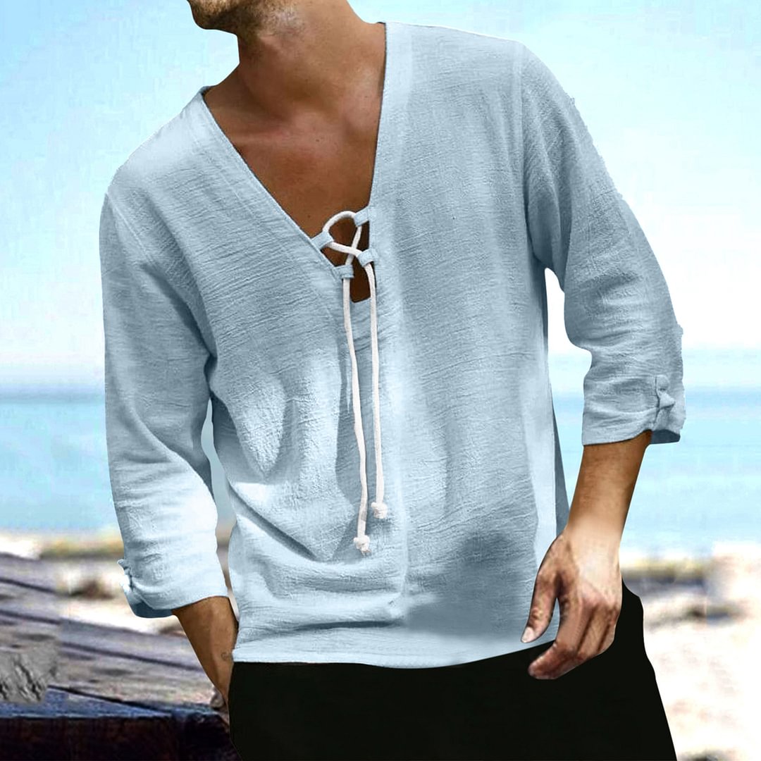 Men's Loose Beach Style Casual Cotton Linen Drawstring Shirt T-Shirt、、URBENIE