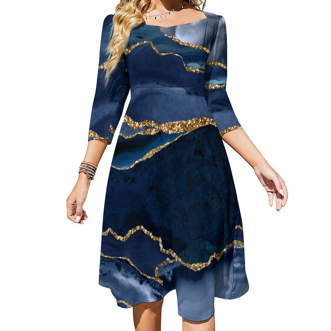 Modern Navy Blue Gold Agate Glitter Geode Marble Dress Sweetheart Tie Back Flared 3/4 Sleeve Midi Dresses