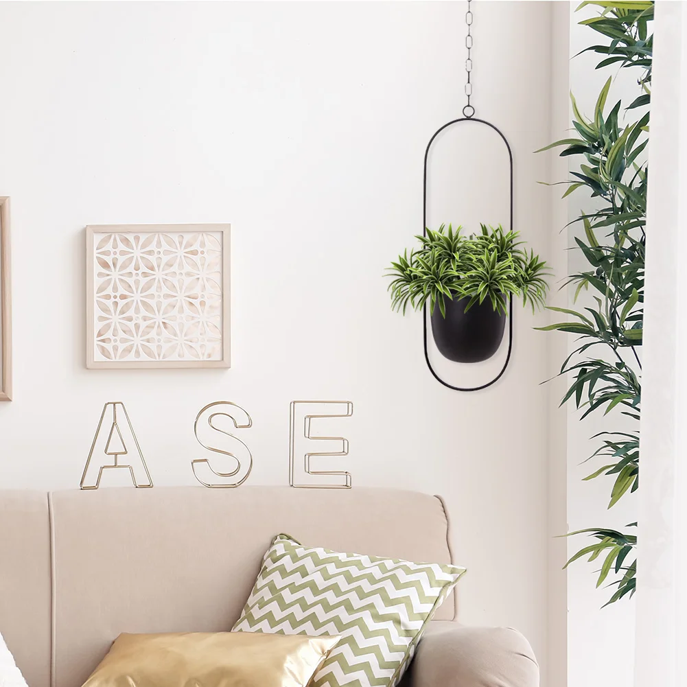 Nordic Hanging Iron Flower Pot Garden Succulent Chain Hanger Basket (Black)