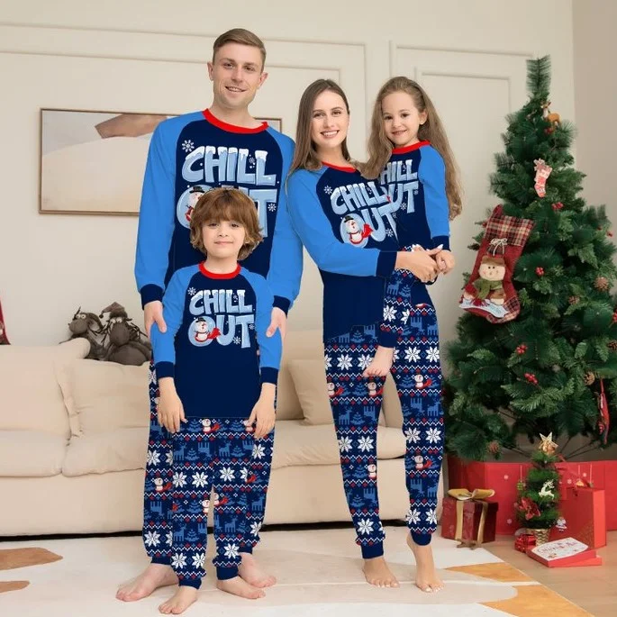2023 Blue Snowman Print Christmas Family Matching Pajamas