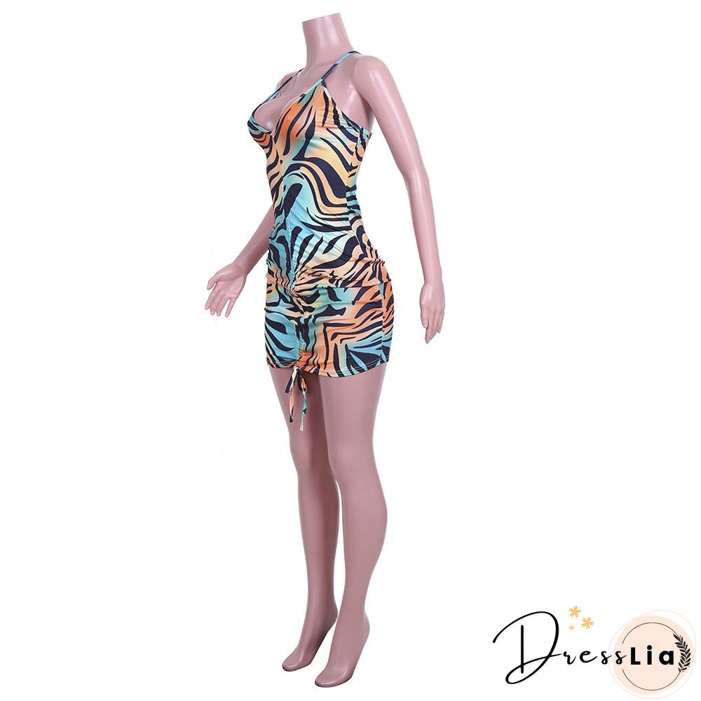 Sexy Printed Sleeveless Drawstring Ruched Bodycon Dress