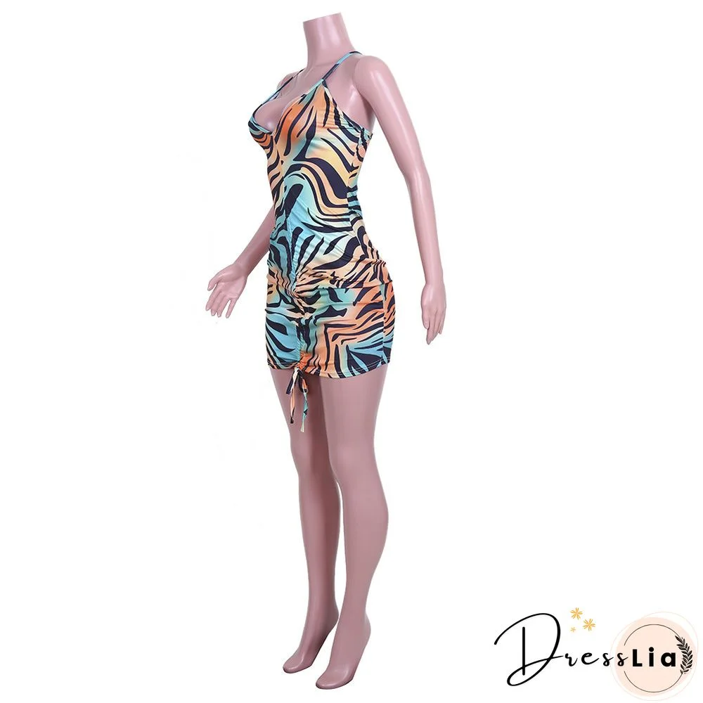 Sexy Printed Sleeveless Drawstring Ruched Bodycon Dress