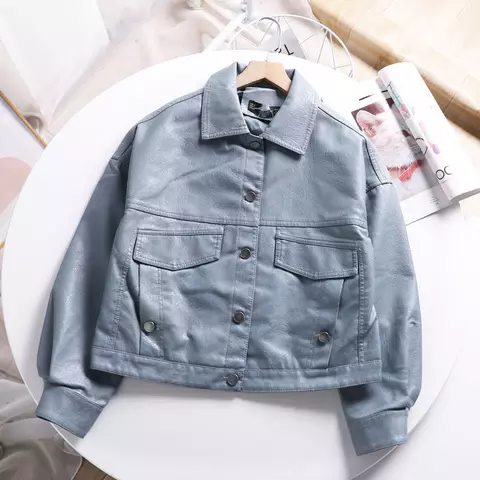 FTLZZ Spring Autumn Women Casual Pu Leather Jacket Turn-down Collar Single Breasted Short Jacket Loose Solid Color Short Coat
