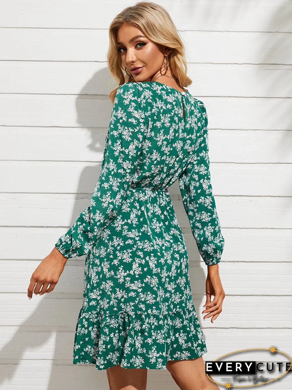 Floral Print Long Sleeve Elastic Waist Crew Neck Dress