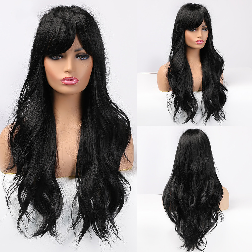 Mature Ladies Synthetic Wig Brown Black Long Curly Bangs