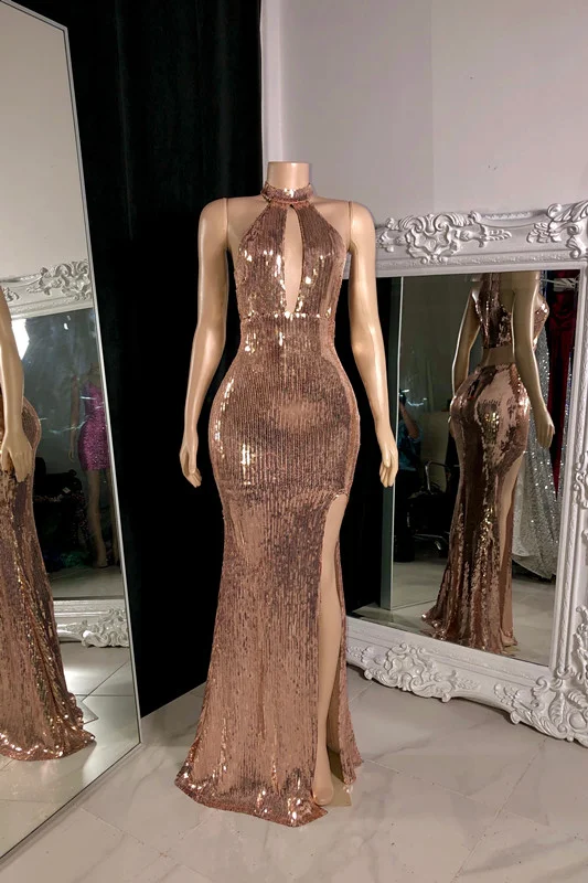Rose Prom Dress Sleeveless Halter With Sequins Long Slit YL0141