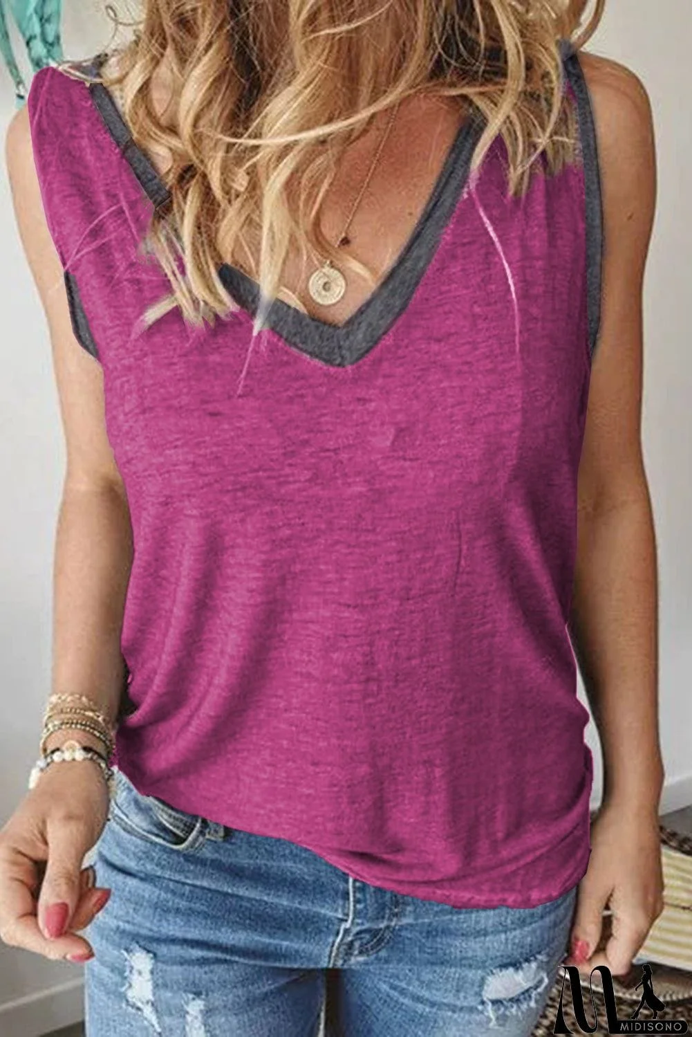 MidiSono - Khaki Solid Color Contrast V Neckline Tank Top