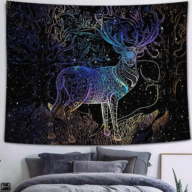 Psychedelic Galaxy Tapestry Nebula Mountains Galaxy Artwork Japanese Wildlife elk Boho Manga Wall Hanging Dorm  anime tapestry