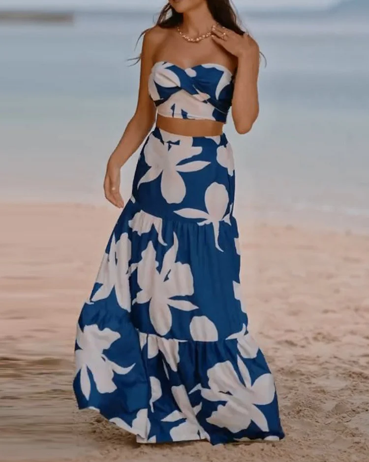 Sleeveless tube top printed two piece suit