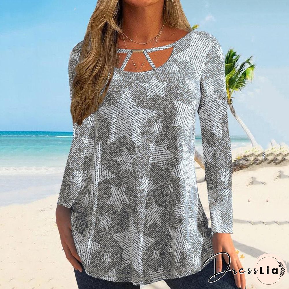 Cutout Neck Star Graphic Stripe Long Sleeve Shirt