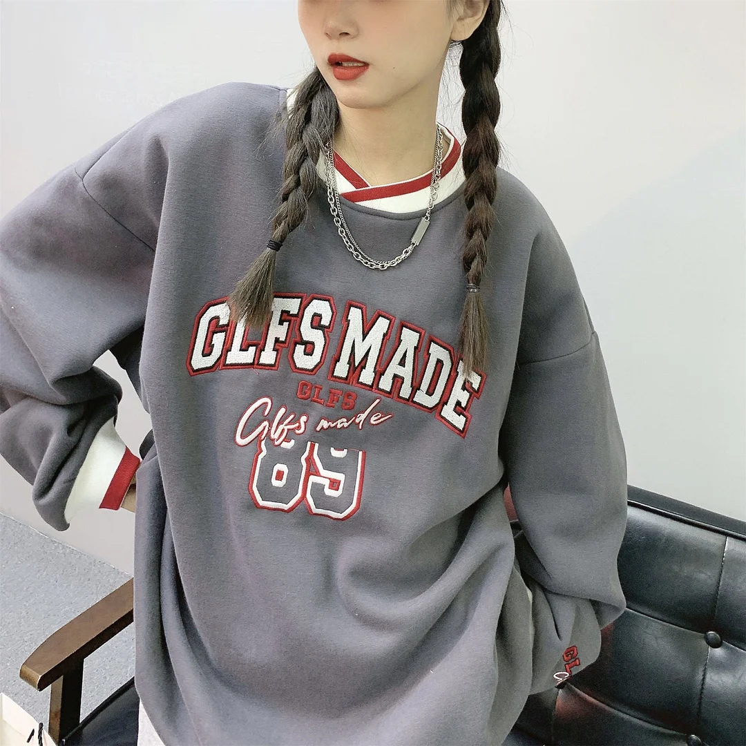 Autumn Winter Aesthetic Retro Streetwear Letter Embroidery Plus Velvet Women Sweatshirts Chic Harajuku V-Neck Pullover Oversized