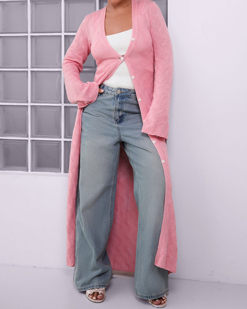 V Neck Long Sleeve Single Breasted Knit Coat