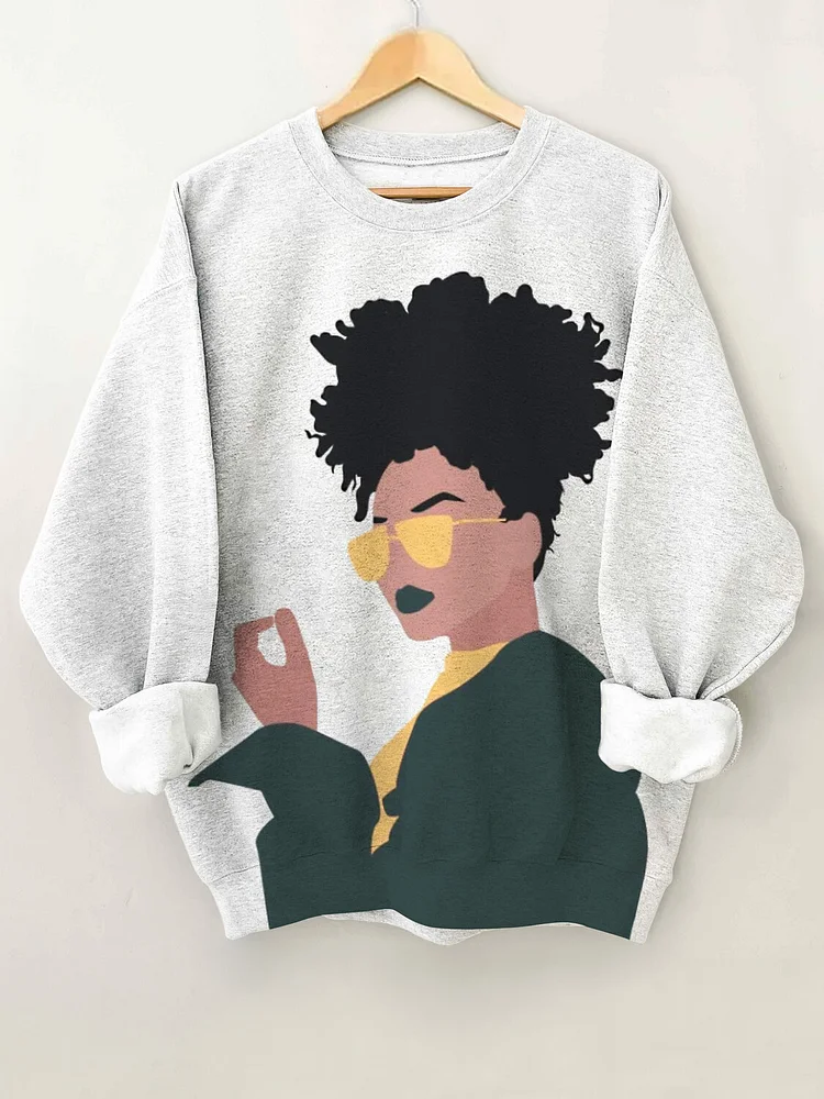 Women's Black Lady Wearing Sunglasses Art Print Casual Sweatshirt