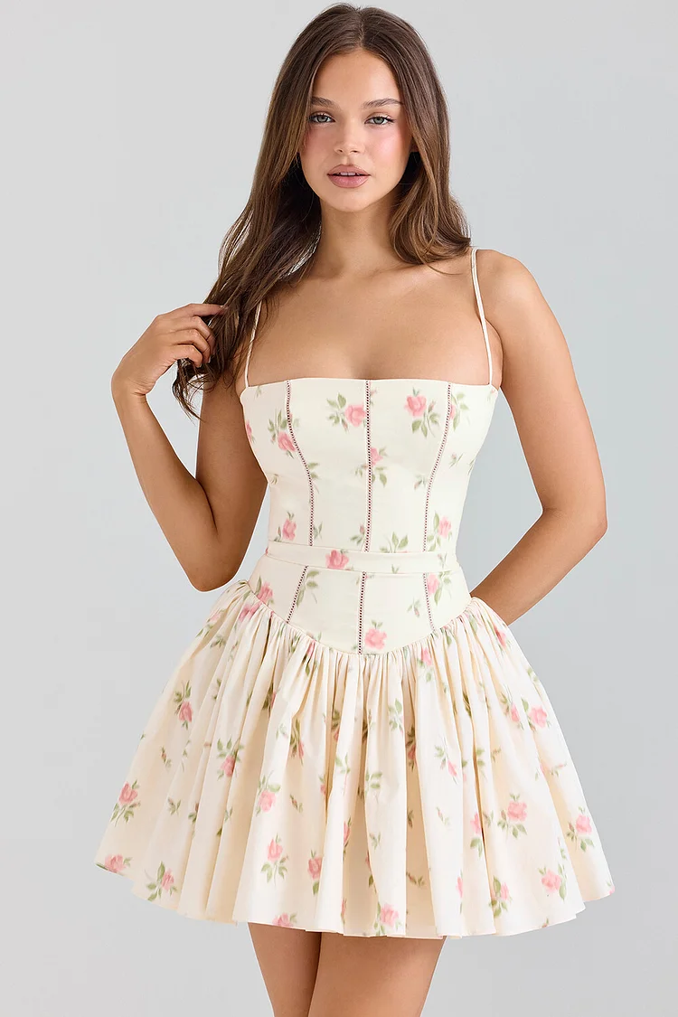 Boat Neck Cinch Waist Floral Print Strappy Mini Dresses-Beige [Pre Order]