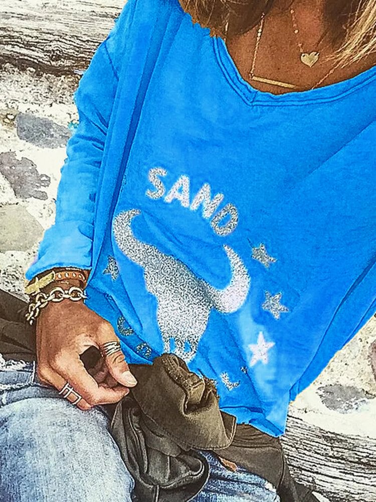 Letters Animal Printed V neck Long Sleeve T shirt P1727579