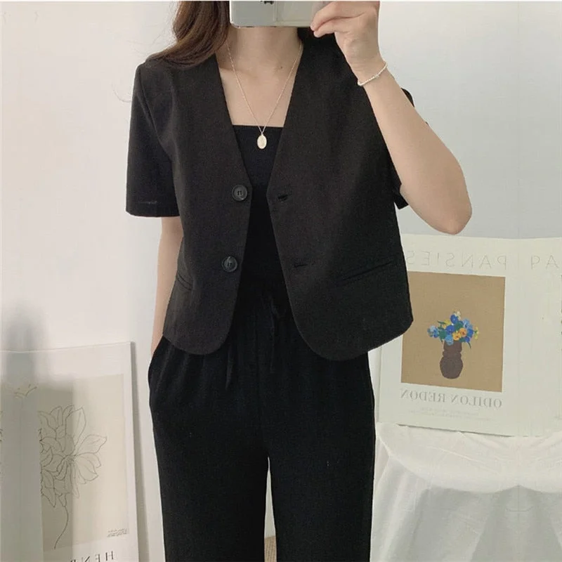 QOERLIN Cotton Linen Blazer Fresh Deep V-Neck Cotton Linen Casual Jacket Women 2021 Korean Two Buttons Short Sleeve Suit Jacket