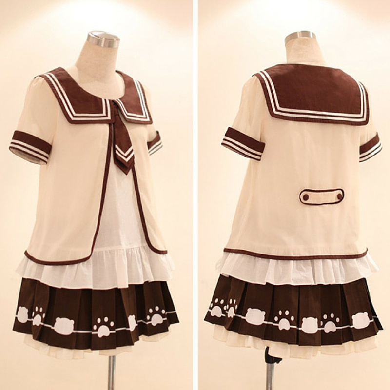 [Set]Kawaii Sailor Blouse With Tie + Bear Foot Print Pleated Skirt SP140995