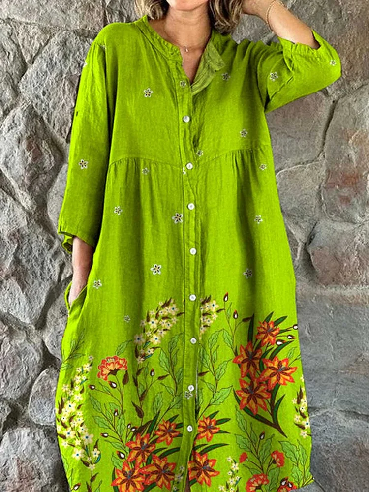 Women's Art Floral Pattern Cotton and Linen Dress with Pockets