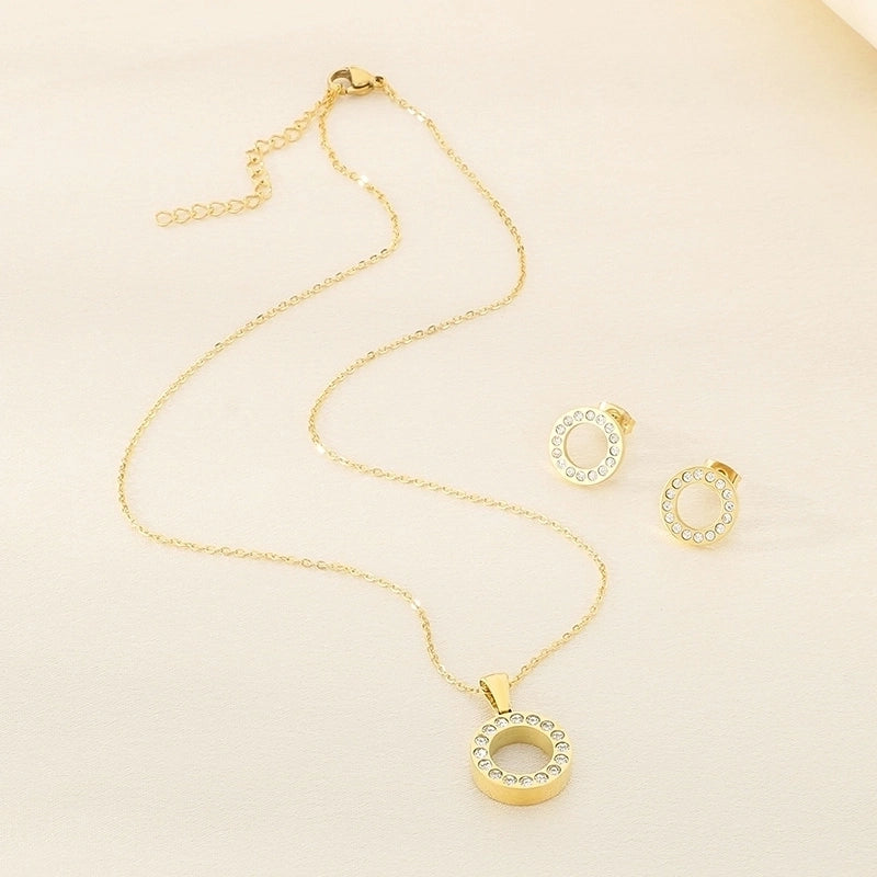 Minimalist Round 304 Stainless Steel Rhinestones 18K Gold Plated Plating Inlay Stainless Steel Jewelry Sets