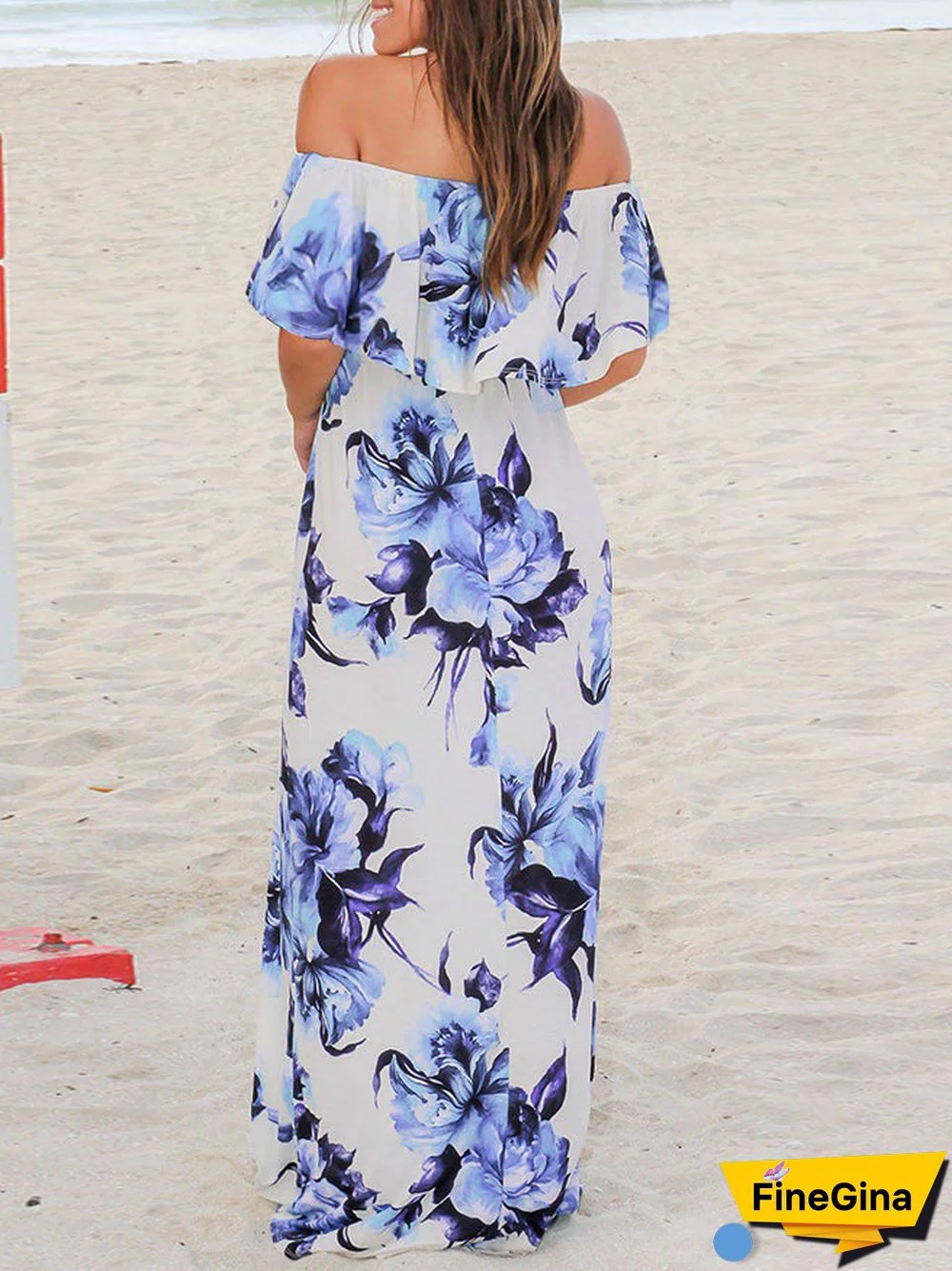 Off Shoulder Short Sleeve Floral Maxi Dress