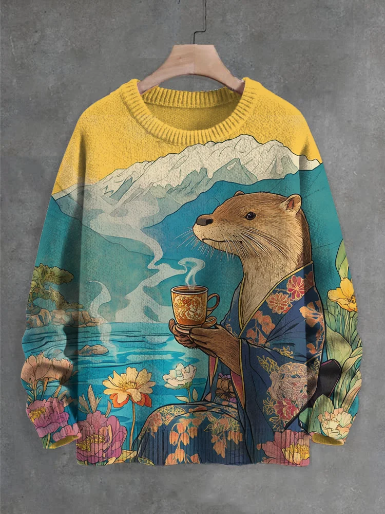 Men's Japanese Kimono Otter Drinking Tea In Hot Springs Art Print Knit Sweatshirt