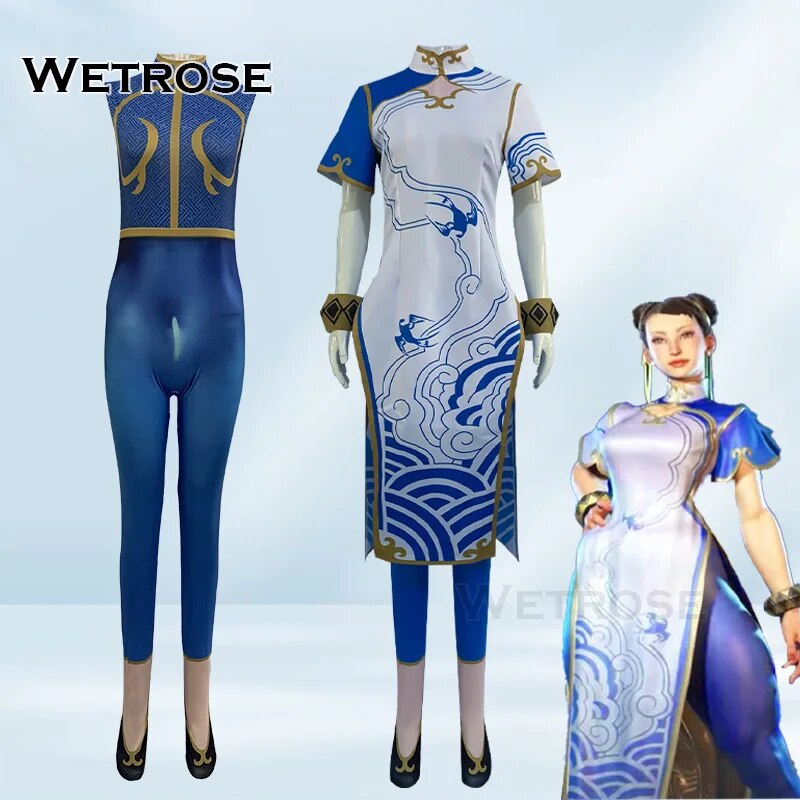 [Wetrose] In Stock Chunli Cosplay Costume Street Fighter 6 SF 2023 Chun Li Qipao Cheongsam Bodysuit Full Set Wig Halloween Xmas