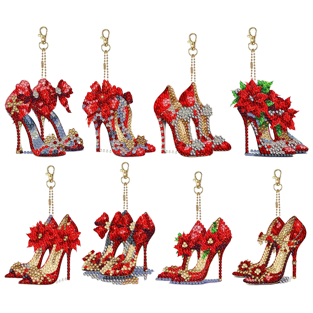 8pcs DIY Red High Heels Double Sided Diamond Painting Keychain for Beginners