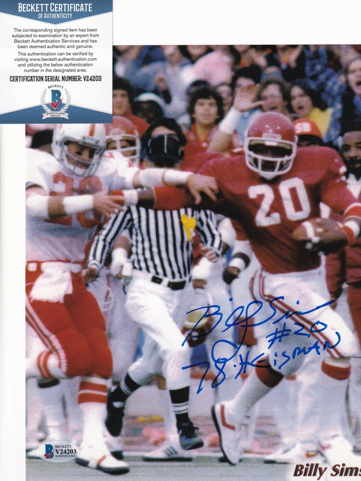 BILLY SIMS signed (OKLAHOMA SOONERS) auto Football 8X10 Photo Poster painting BECKETT V24203