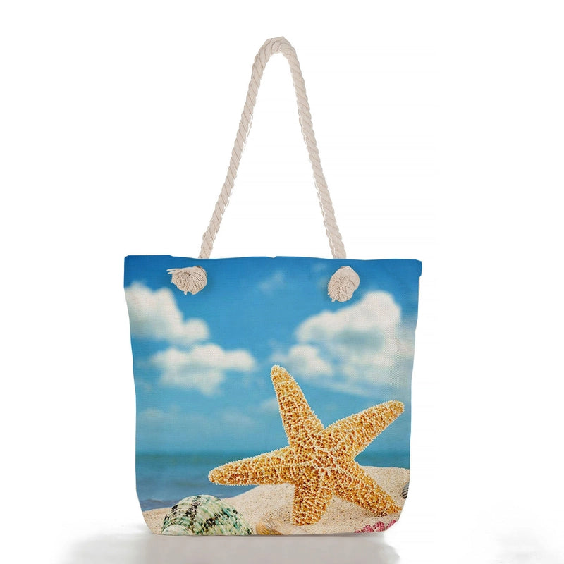 Women’s Medium Linen Starfish Beach Shell Beach Classic Style Square Zipper Tote Bag Beach Bag