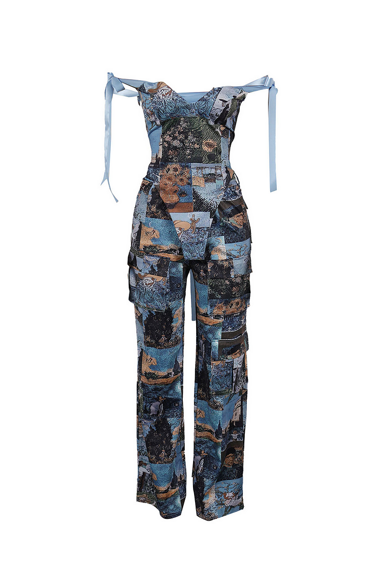 Oil Painting Print Draped Tie Up Straps Bodysuit Pockets Pants 2pcs Set-Blue