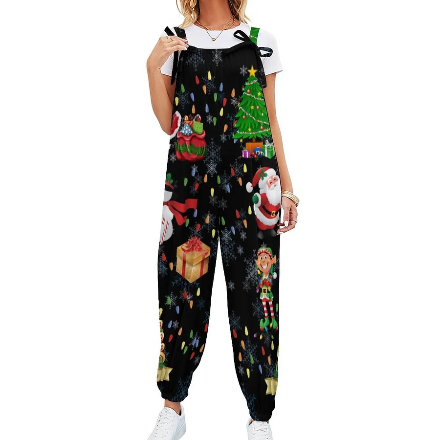 FOCUSNORM Womens Christmas Overalls, Sleeveless 3D Print Jumpsuit, Wide