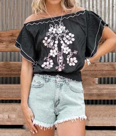 Black Vintage Embroidered Top