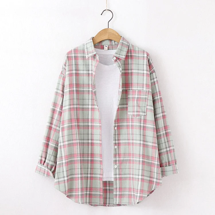 Women Blouses And Shirt Casual Plaid Shirts Loose Boyfriend Style 100% Cotton Ladies Tops Outwear 2020 Oversized