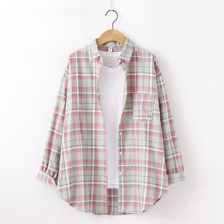 Women Blouses And Shirt Casual Plaid Shirts Loose Boyfriend Style 100% Cotton Ladies Tops Outwear 2022 Spring