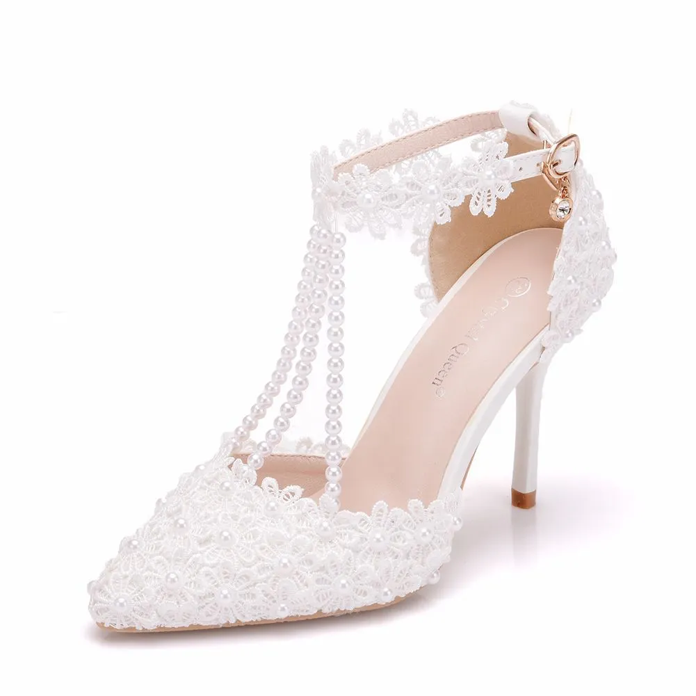 Breakj Breakj White Lace Wedding Shoes One-Word Wristband Bridal Shoes Fine Heel Tip Wedding Shoes Women's Sandals