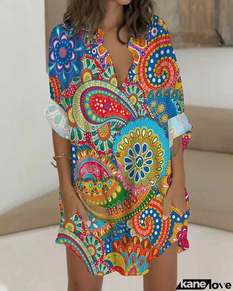 Long-sleeved button-down dress with pocket